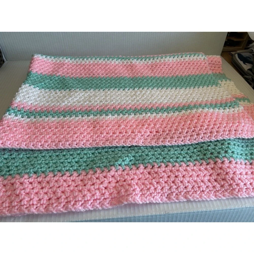 Crochet blanket hand made new pink mint white rick rack pattern 22x44